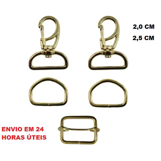 Ferragens Para Bolsas DOURADO Kit com 02 Mosquetões, 02 Meia Argolas e 01 Regulador