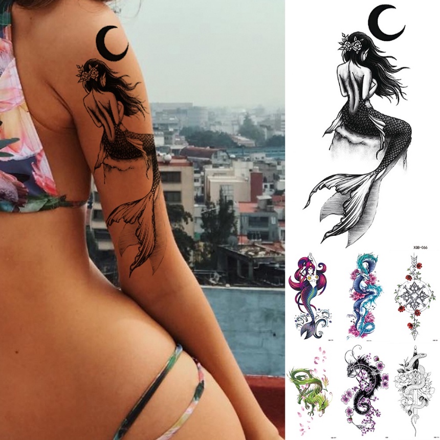 Tatuagem falsa, arte corporal temporária, tattoo feminina em forma de  sereia e algas marinhas, à prova d'água - AliExpress