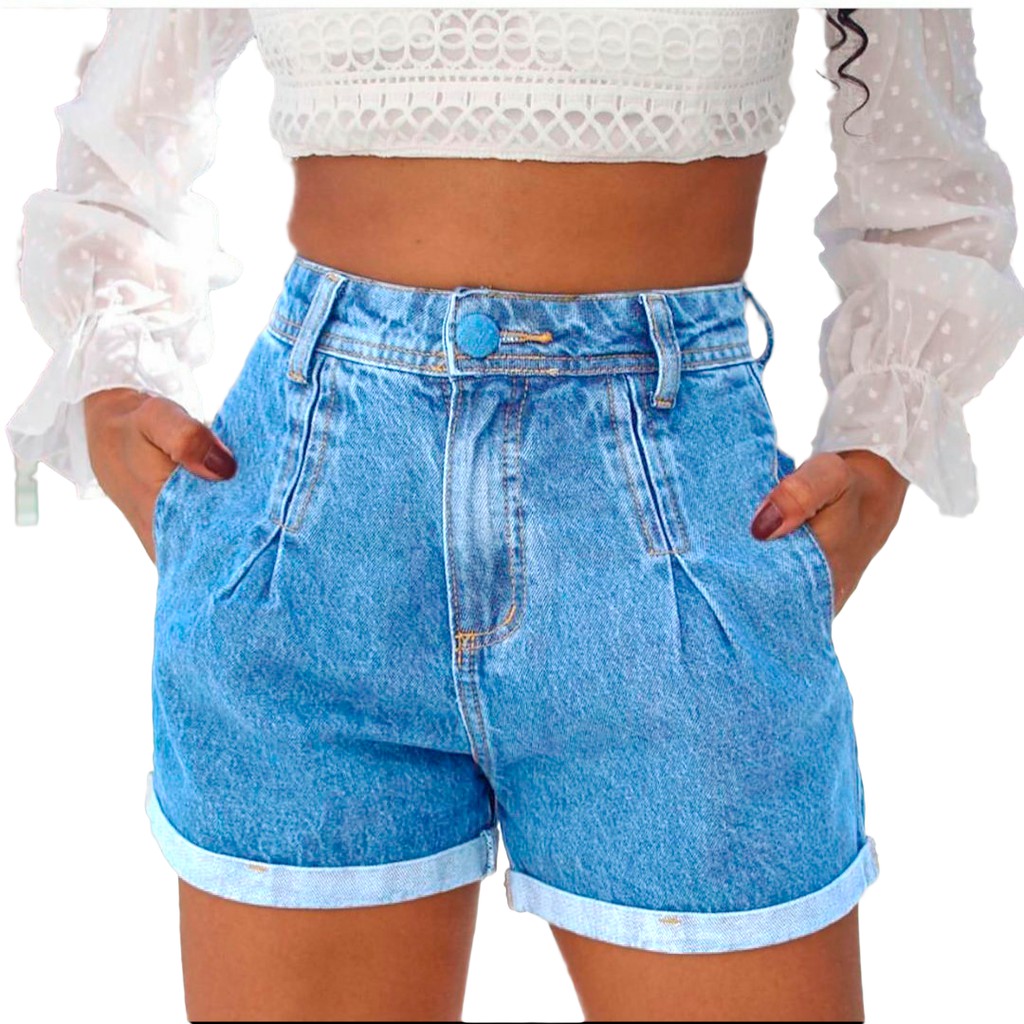Shorts Jeans feminino Cós Alto Cintura Alta Moda Verão no Shoptime