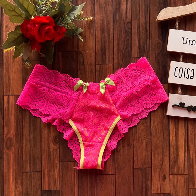 Calcinha Fio Dental sensual rendada Amélia Colorida Bicolor Cós médio e pala larga