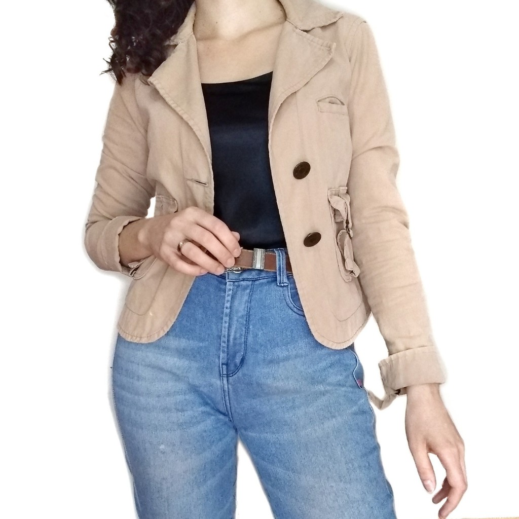 Jaqueta jeans 2024 bege feminina