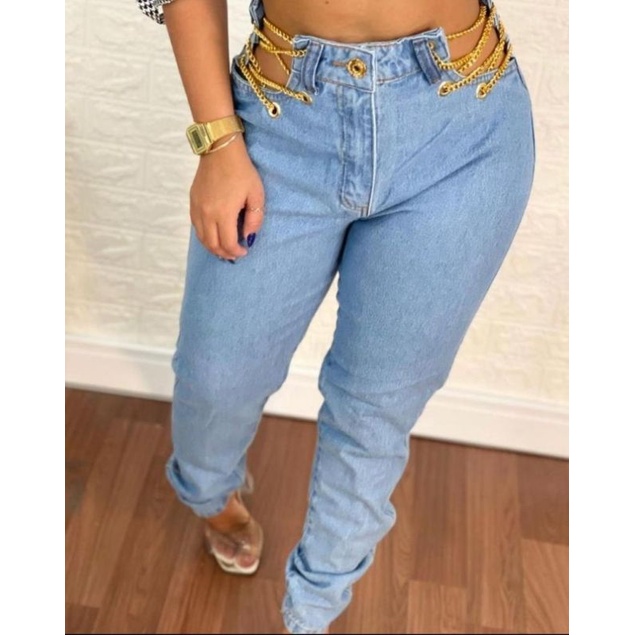 Calça Jeans Cintura Alta, Corrente na Lateral