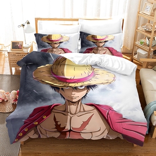 Conjunto de cama One Piece Luffy Chapéu de palha Piratas Preto Anime  Estampa 3D 3 peças Capa de edredom macia - S_AU-_Double_180x210 cm