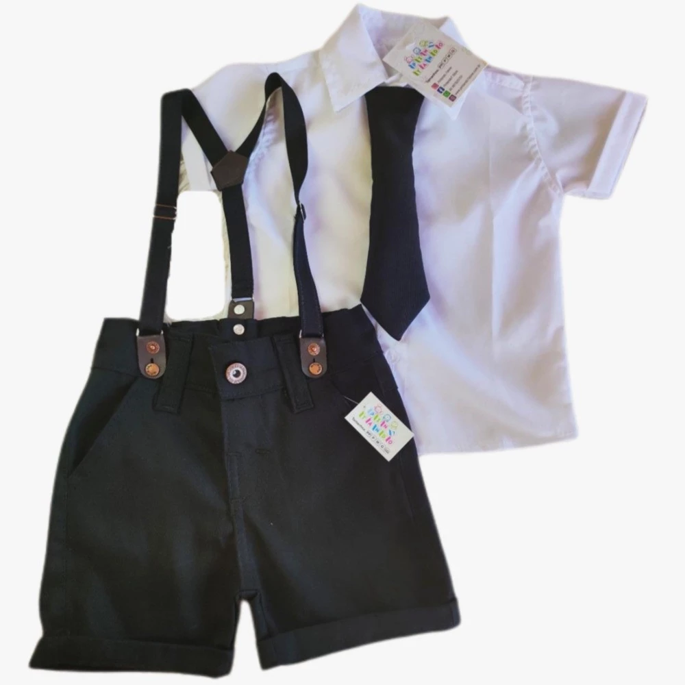 Roupa do CHEFINHO BRANCO LISO, gravata, bermuda e suspensorio poderoso chefinho menino