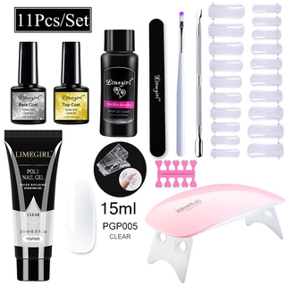 [LIMEGIRL Conjunto De Extensão De Gel Unhas De Polietileno Acrílico Rosa Claro Dedo De Construção Rápido De Embeber A Base Da Lâmpada Uv Led Kit Inicial De Escova De Revestimento 11Pcsnail