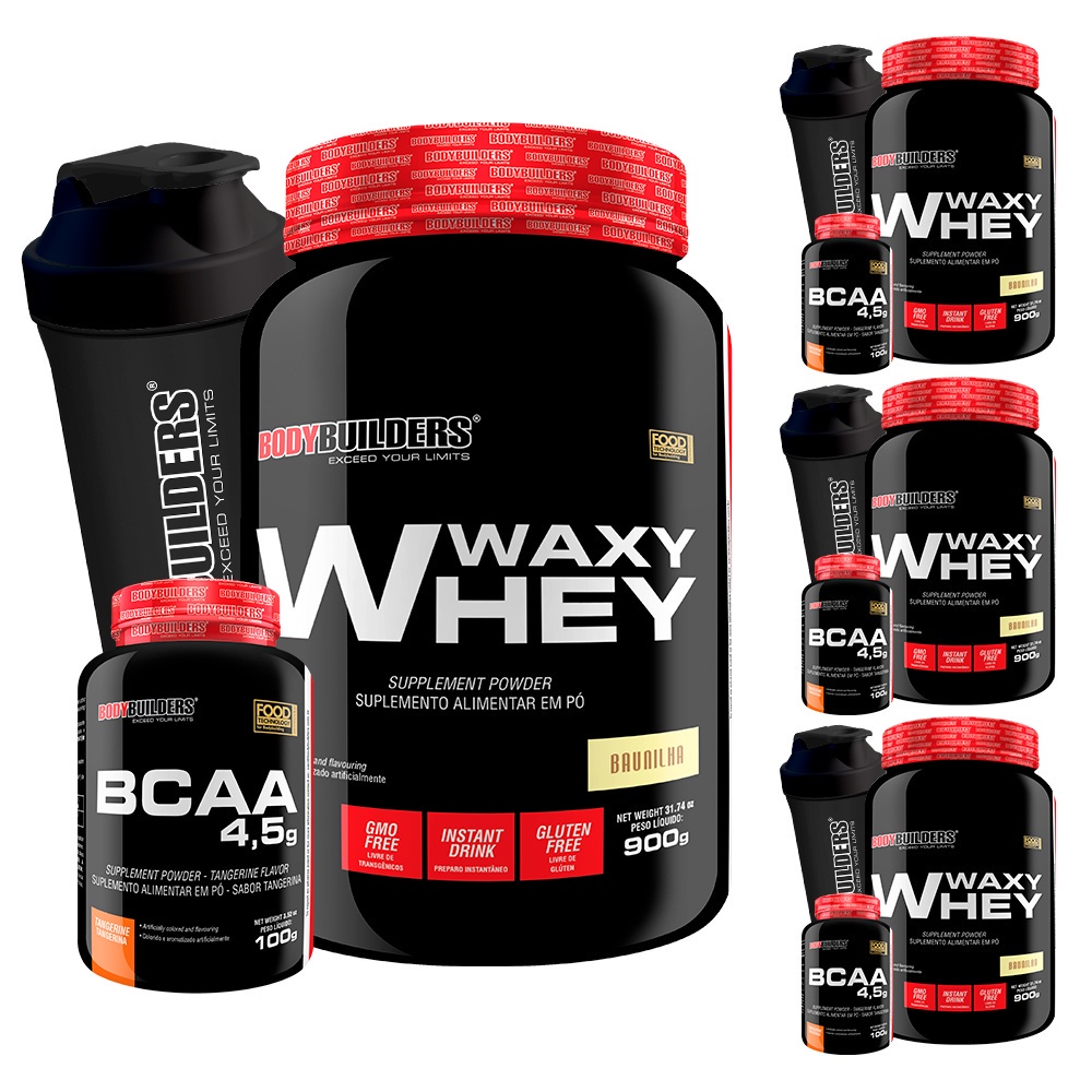 COMBO GALERA: 4x Whey Protein Waxy Whey Pote 900g + 4x BCAA 4.5 100g + 4x Coqueteleira – Kit Para Aumento de Massa – Bodybuilders