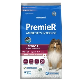 Ração Premier Ambientes Internos Senior 7+ para Cães Idosos de Pequeno Porte acima de 7 anos de idade Sabor Frango e Salmão - 2,5Kg