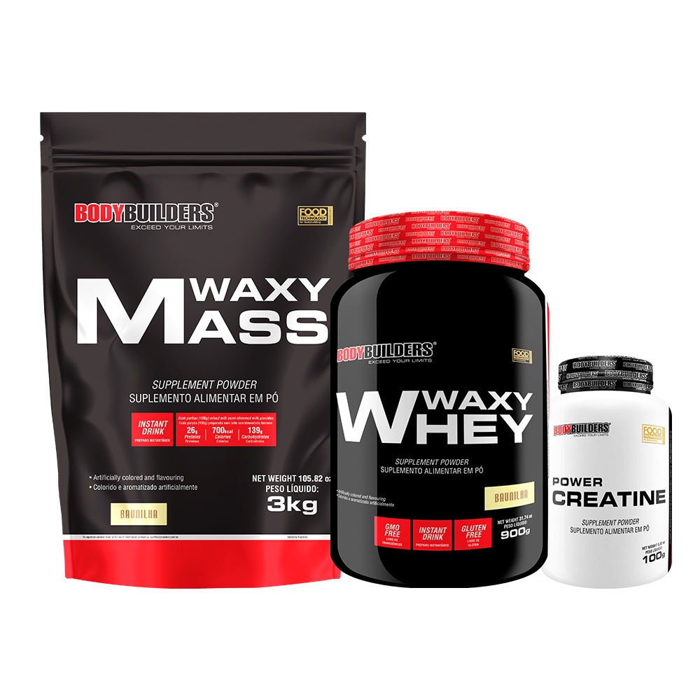 Kit Suplemento em Pó Hipercalórico Waxy Mass 3Kg + Whey Protein Waxy Whey Pote 900g + Power Creatina 100g – Recuperação Rápida e Ganho de Massa Muscular – Bodybuilders