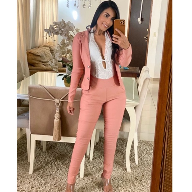 Conjunto Calça Cintura Alta Bengaline Blazer Terno Social P M G