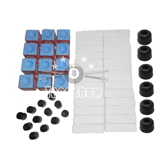 Kit 12 Giz Azul 7 Belo + 24 Giz Branco Quadrado + 6 Culatras Borracha + 12 Ponteiras Virola Rista Para Taco de Sinuca Bilhar Snooker