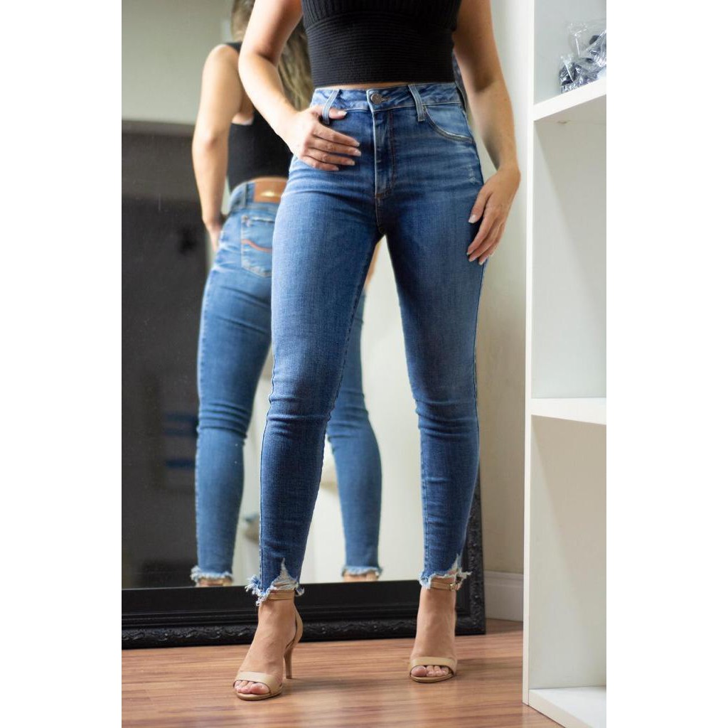 Calça Jeans Skinny Feminina Cintura Média Com Lycra E Puídos