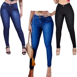 Kit 03 Calças Jeans Feminina Cintura Alta Até o Umbigo Lycra Levanta Bumbum