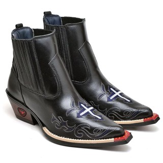 Bota Texana Masculina Country Botina Bico Fino Couro Com Bordado em Cruz Cano Curto 3009