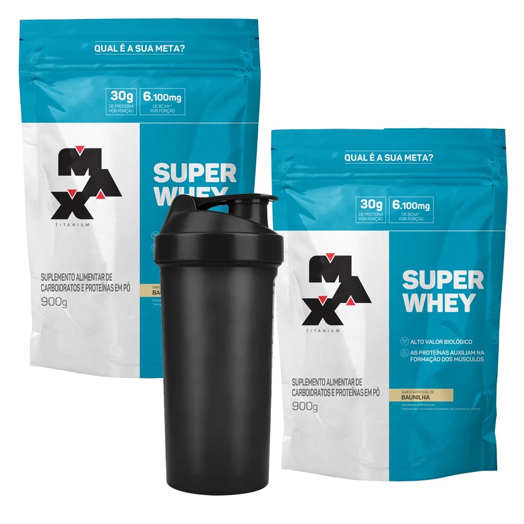 Kit 2x Super Whey Protein 900g Max Titanium – Wpc – Whey Protein Concentrado + Coqueteleira