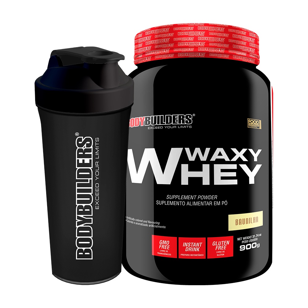 KIT Whey Protein Waxy Whey 900g + Coqueteleira - Bodybuilders Suplemento em pó para academia e musculação