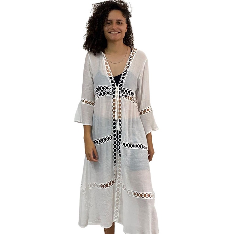 Vestido Feminina Saida De Praia Longa Kimono De Amarrar Acinturada Luxo Verao