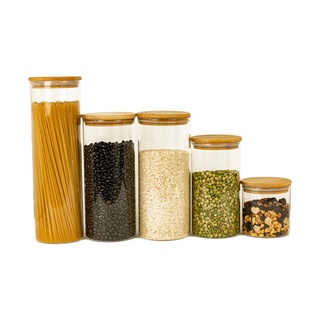 Kit 5 Potes De Vidro Tampa Bambu 2000/1650/1100/500ml