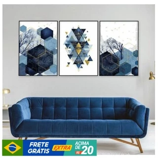 Kit Quadros Decorativos 3 Peças Árvore Formas Geométricas Azul