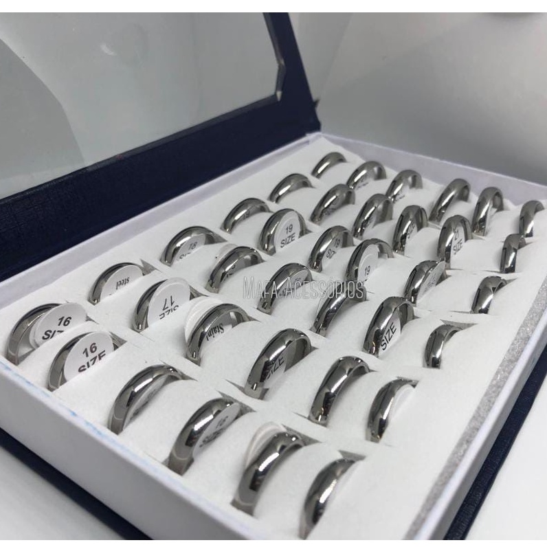 Atacado Revenda Caixa C/36 Aliança lisas 4mm Namoro Compromissos Pratas em Aço 316L Revenda 16 - 22