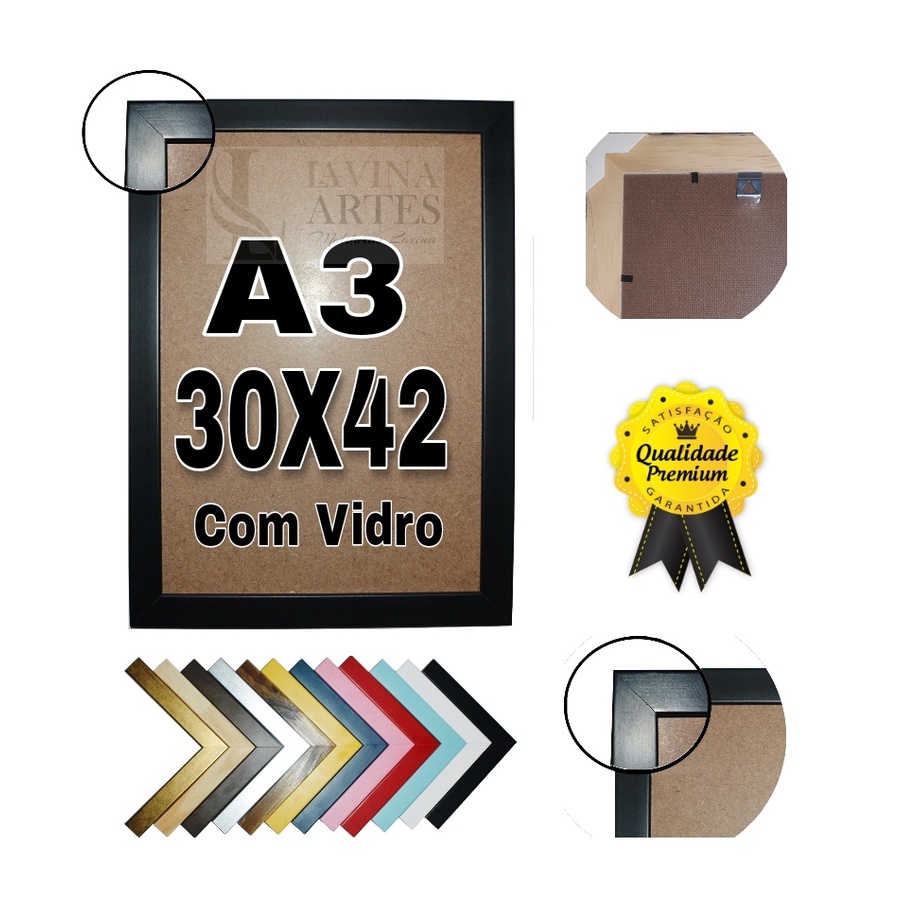 Kit 4 Molduras Quadro A3 30x42 Lisa Laqueada Premium Com Vidro E Fundo