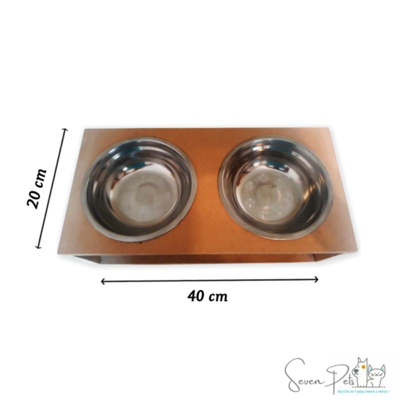 Comedouro Duplo Para Cachorro E Gato Mdf 15mm Com Pote Inox 300ml