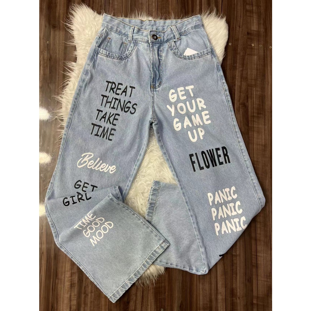 Calça Jeans Pantalona Wide Leg Com Letras | Shopee Brasil