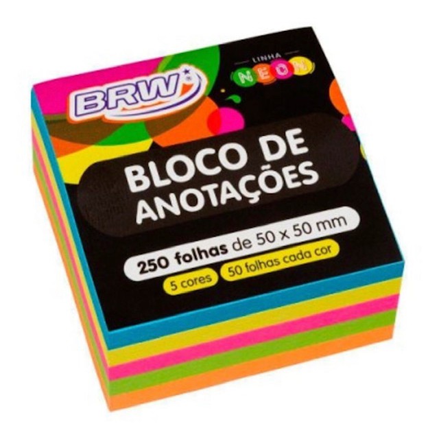 Bloco Adesivo Notas Neon 250 Folhas Pequeno 50x50mm 1 bloco com 5 cores