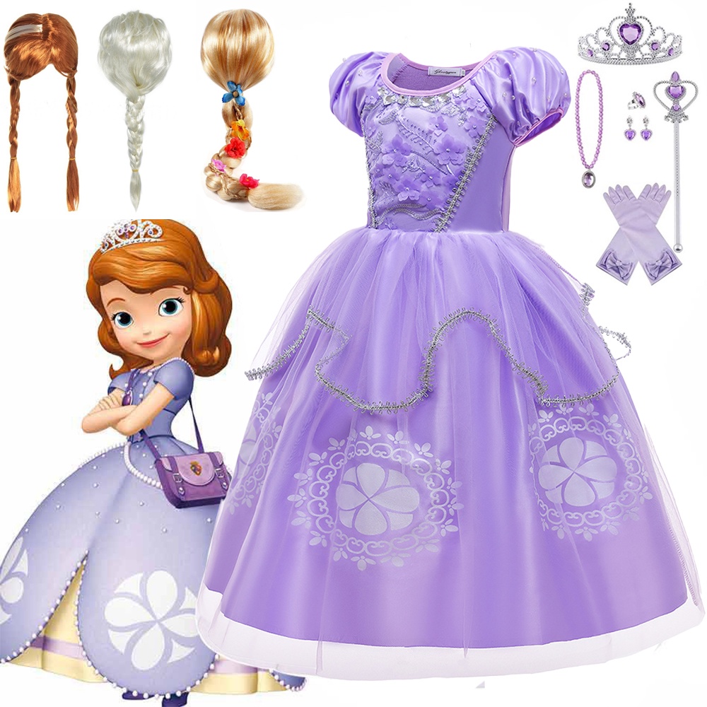 Vestido princesinha Sofia para meninas, aplique de pérola infantil, cosplay  infantil, roupa fofa de Halloween, luxo, novo