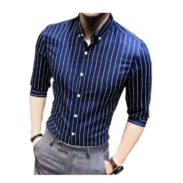 Camisa Listrada Masculina Azul Branca Linhas Retas Homens | Shopee Brasil