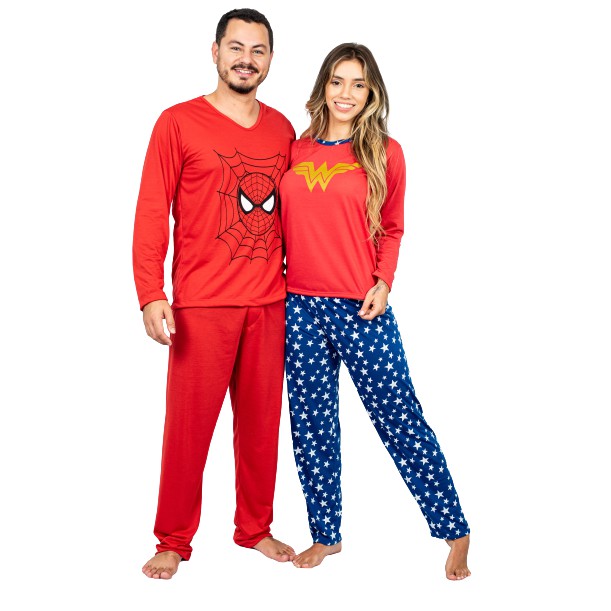 2 Pijamas Inverno Longo Adulto Casal Super Herói HOMEM ARANHA MULHER MARAVILHA