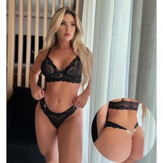 Conjunto Erótico Com Palavra Lingerie Sexy Fio Dental Feminina Sem Bojo