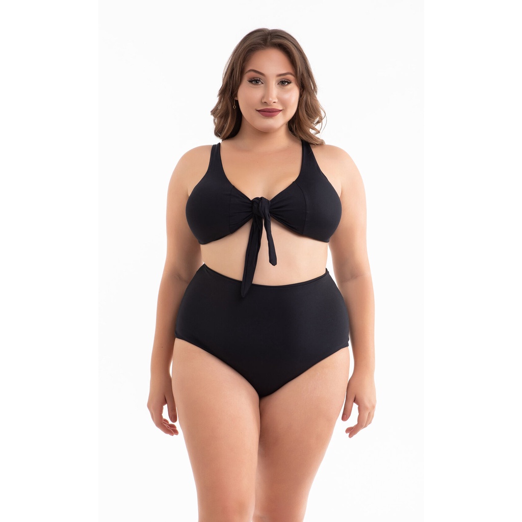 Biquíni Plus Size Laço com Bojo Removível e Calcinha Cintura Alta Preto