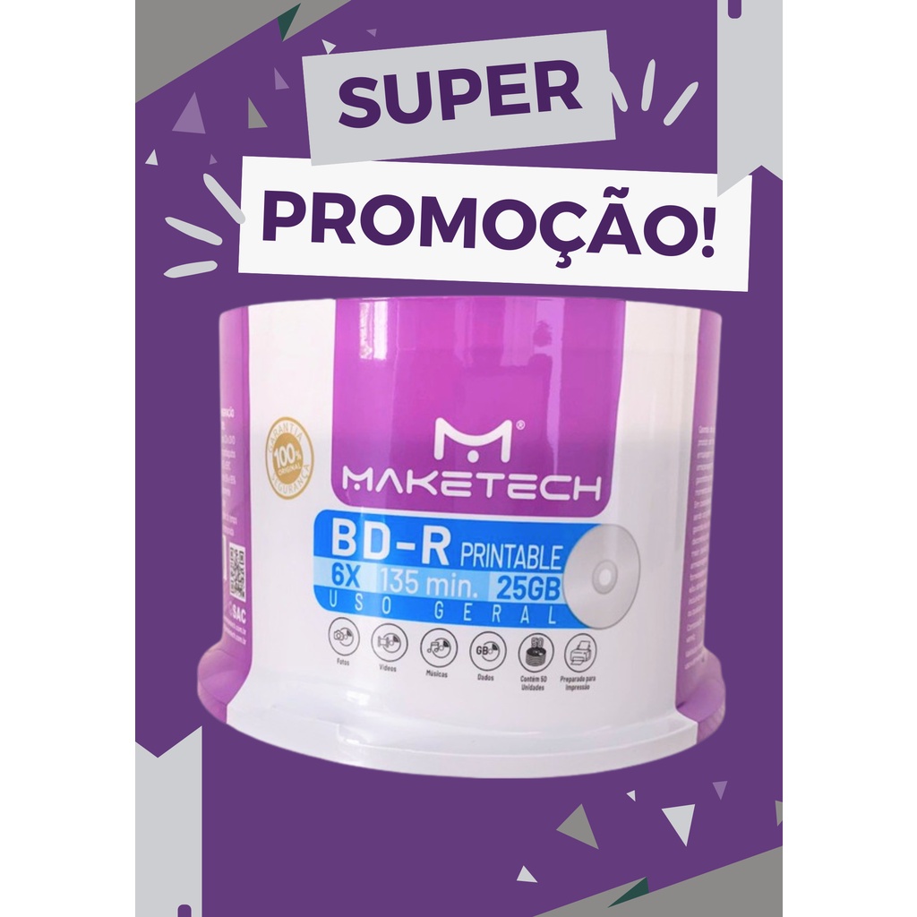 10 Un. Mídia Virgem Bluray Bdr Maketech Printable 25GB Filmes Dados