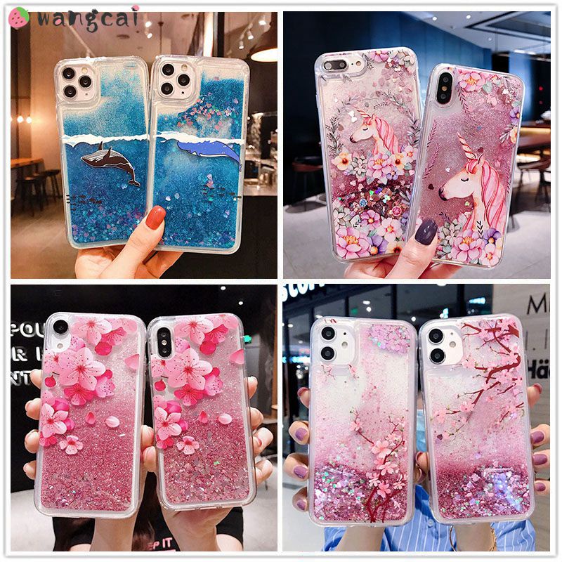 Xiaomi Redmi Note 11 10 Pro Max 11S 10S Capa De Celular Fluxo De Areia Movediça Líquida Unicórnio Flor De Pêssego Flores Brilhante Desenho Animado Transparente