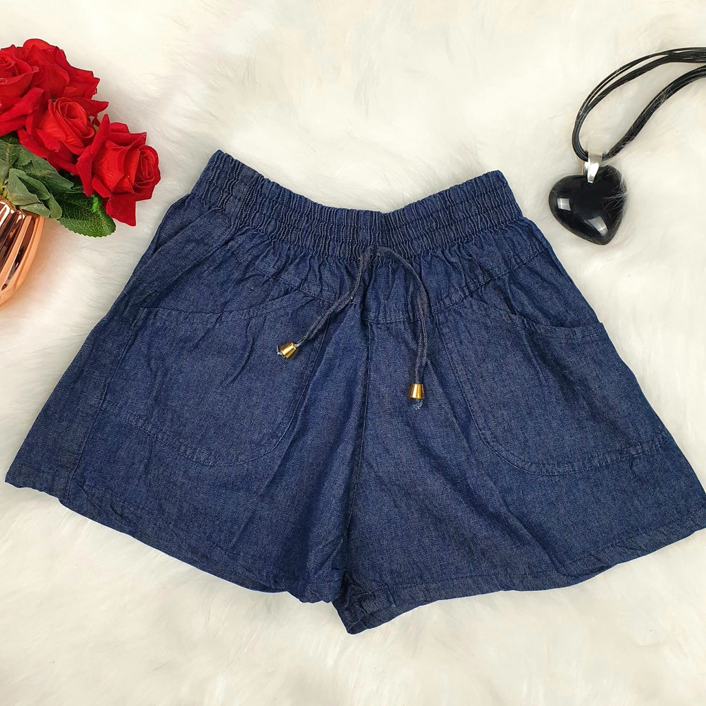 Shorts Feminino Jeans Com Elastico Bermuda Soltinha 100% Algodão