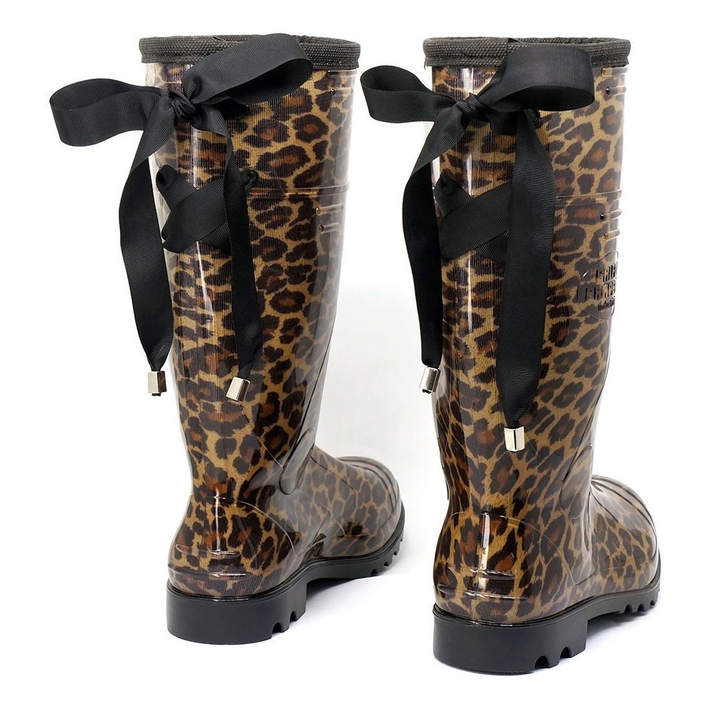 Bota Galocha Feminina Onça Cano Longo Impermeável Pvc c/ Laço