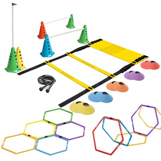 Kit Funcional Agilidade 5 - 1 Escada Agilidade Nylon + 6 cones com furo + 3 barreiras +10 chapeus + 8 argolas + 1 Corda de Pular