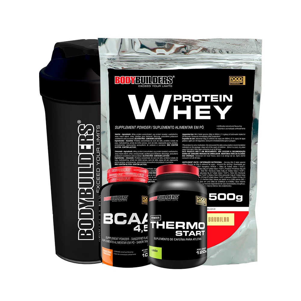 Kit Whey Protein Concentrado em Blend 500g + BCAA 100g + Termogênico Thermo Start 120g + Coqueteleira – Bodybuilders