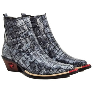 Bota Texana Masculina Country Botina Bico Fino Couro Jacaré Cano Curto 3000 Cinza