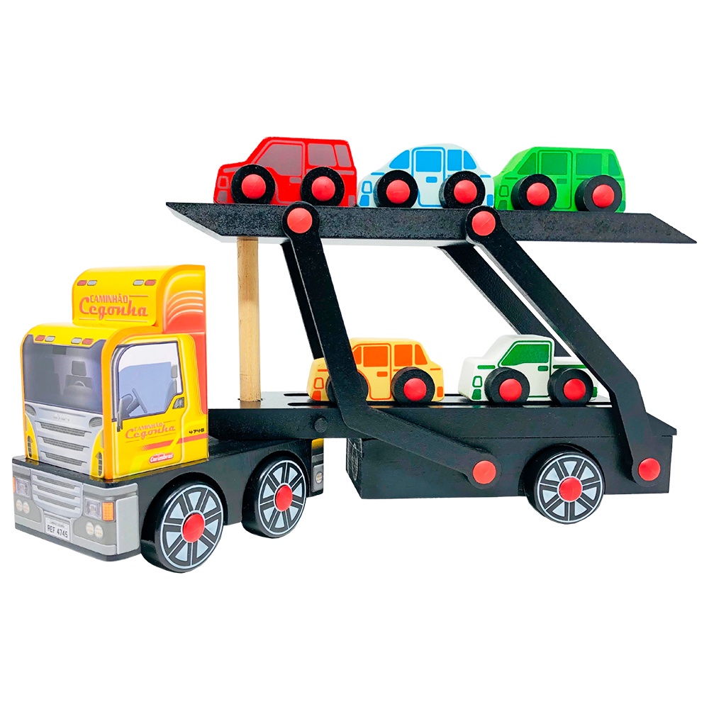 Caminhão de Brinquedo Carreta Cegonheira em Madeira - Mixtou