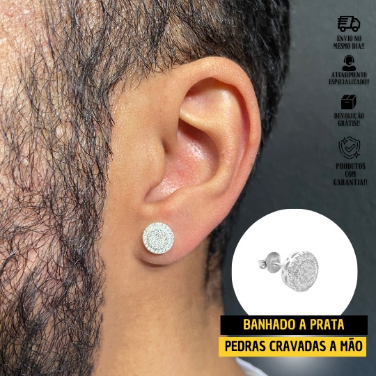 Brinco De Prata Redondo Cravejado De Zircônia Com 40 pedras Masculino Unidade Banhado Prata 925