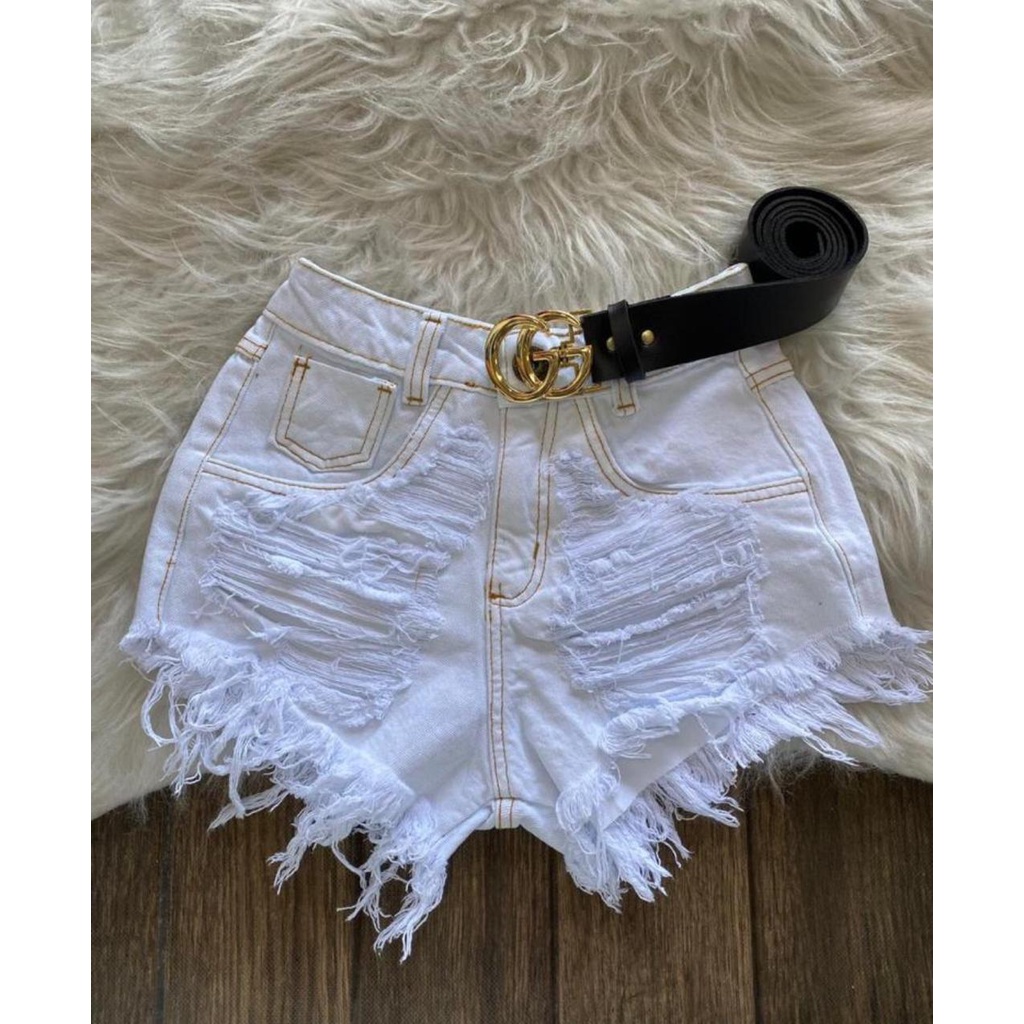 Shorts Jeans Feminino Branco Desfiado Carnaval 2022