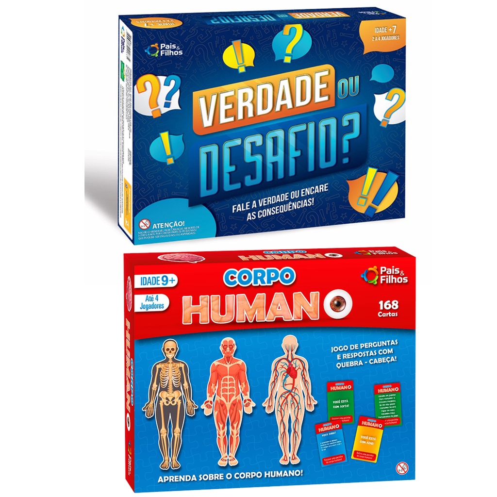 Jogo de Tabuleiro com Perguntas e Respostas do Corpo Humano com 168 cartas  e 4 quebra cabeças - Pais e Filhos