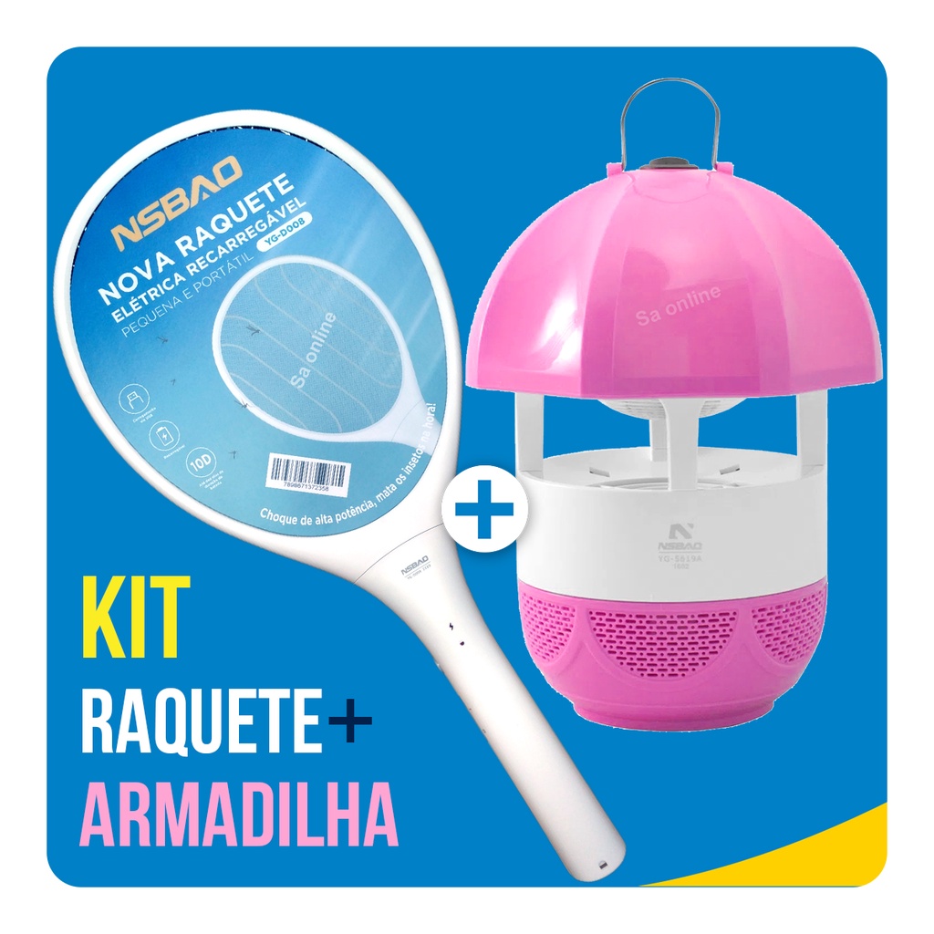 Kit Raquete Elétrica Mata Mosquito Pernilongo Muriçoca Dengue Insetos + Armadilha Guarda-chuva Bivolt Recarregável USB Silencioso com LED