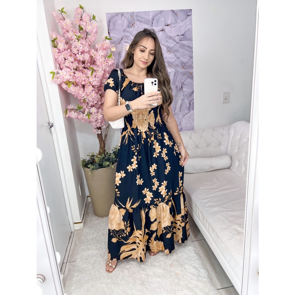 Vestido Longo Elastex moda evangélica estampado Shopee Brasil