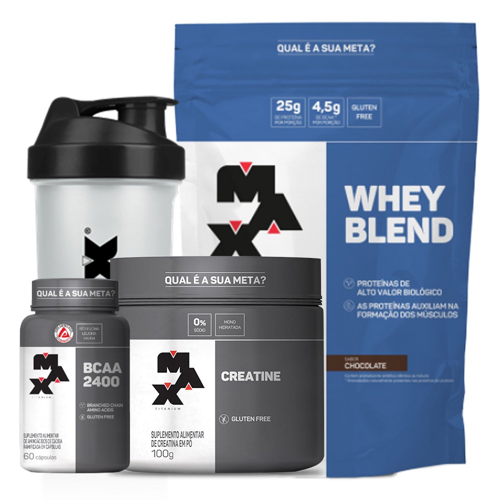 Kit Whey Blend 1,8kg + Creatina 100g + Bcaa 2400 60 Cáps + Coqueteleira – Max Titanium Promoção