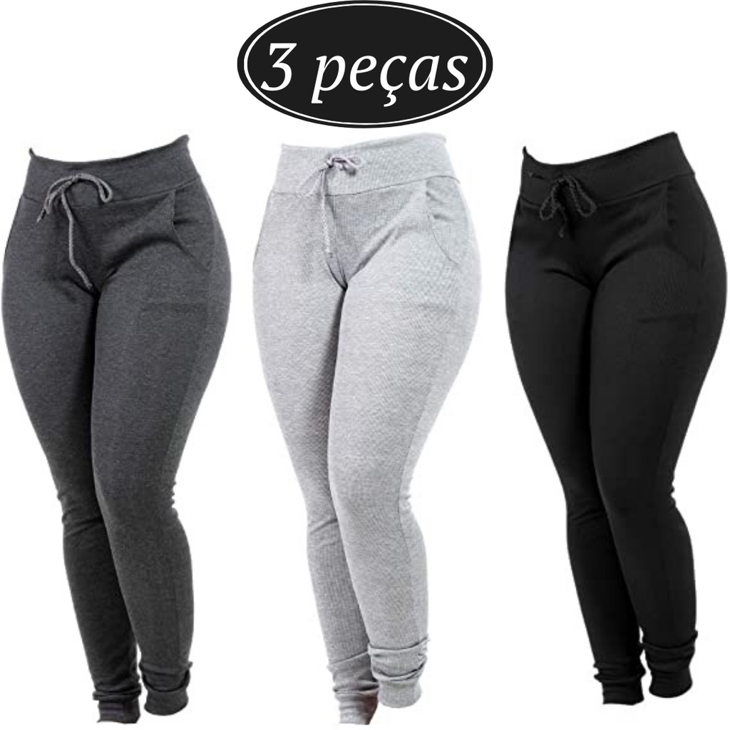 Kit 3 Calça Feminina Ribana Cintura Alta Canelada Jogger Legging Gestante