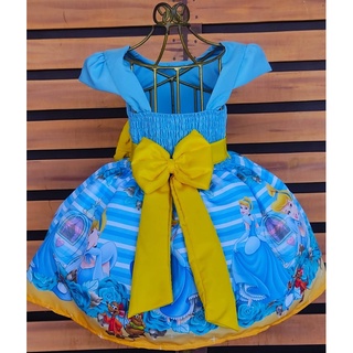 Vestido Festa Infantil Da Cinderela Azul Com Detalhes Amarelo