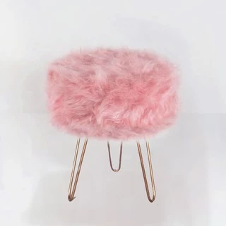 Puf Puffe Puff Redonda Pés de Ferro Rosê Gold Pelúcia Pelo Alto Rosa