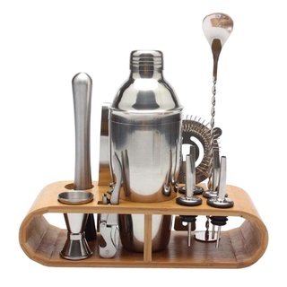 Kit Bar Aco Inox 550ml Com 12 pecas e Suporte madeira para Drinks GH415 Globalmix